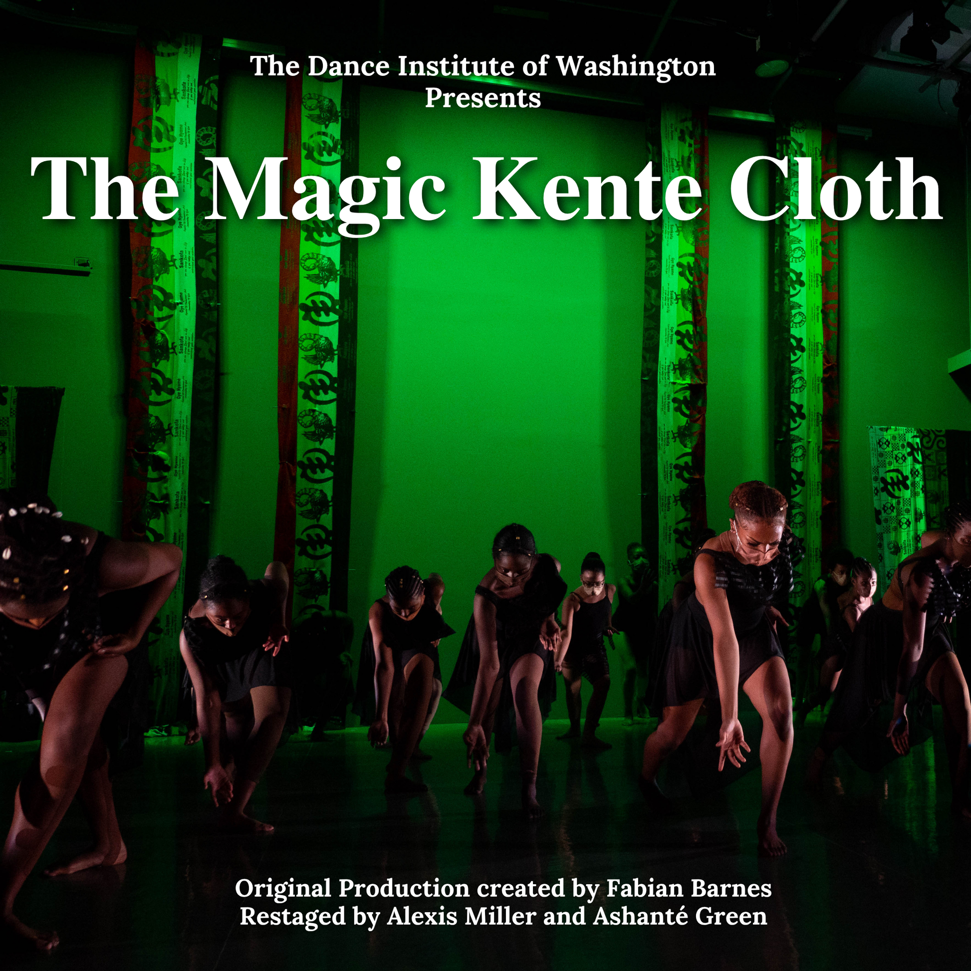 Dance performance with text about The Magic Kente Cloth by The Dance Institute of Washington.