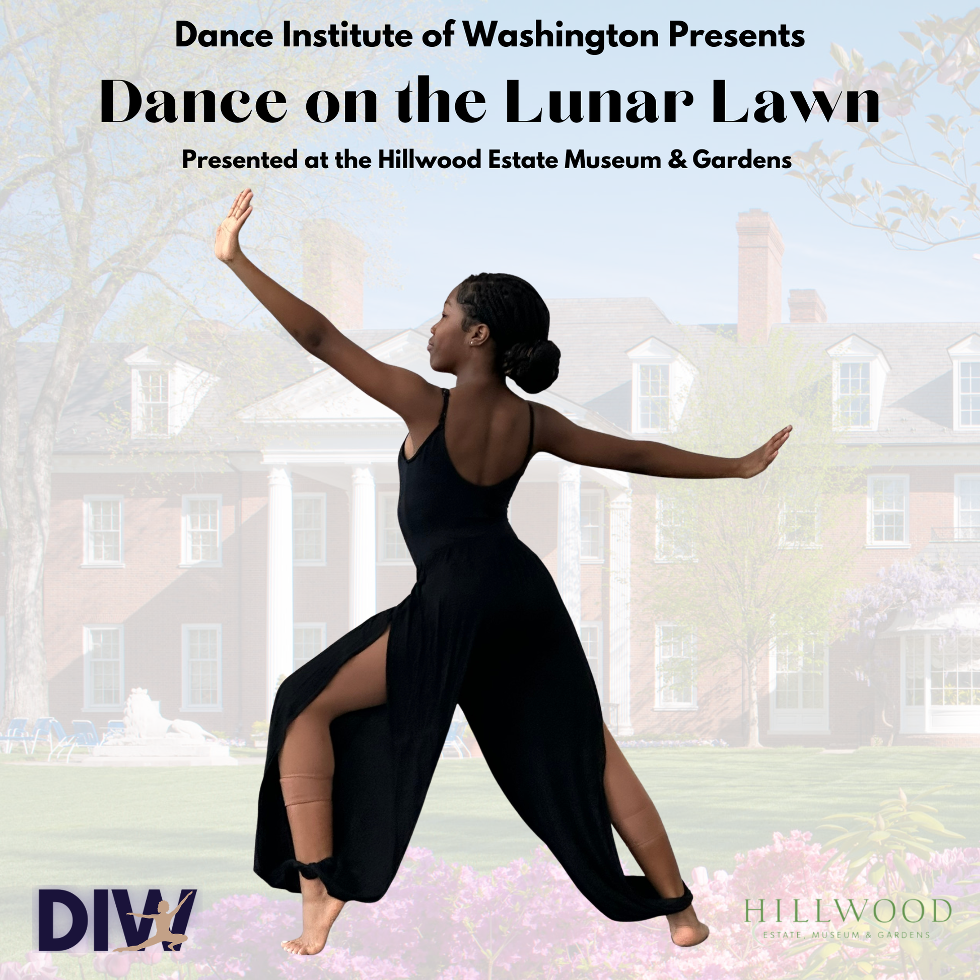 Dancer in a black dress performing on a lawn with text about Dance Institute of Washington and Hillwood Estate Museum & Gardens.