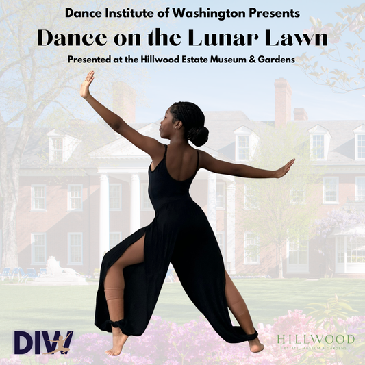 Dancer in a black dress performing on a lawn with text about Dance Institute of Washington and Hillwood Estate Museum & Gardens.