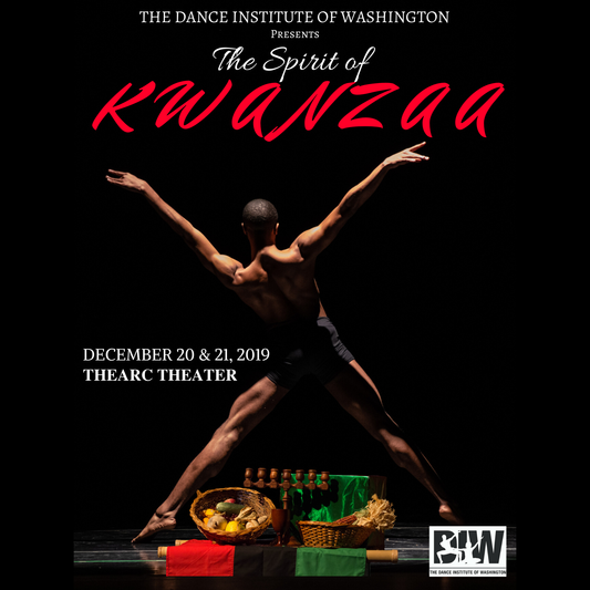 Promotional poster for 'The Spirit of Kwanzaa' event by The Dance Institute of Washington, featuring a dancer and Kwanzaa symbols.