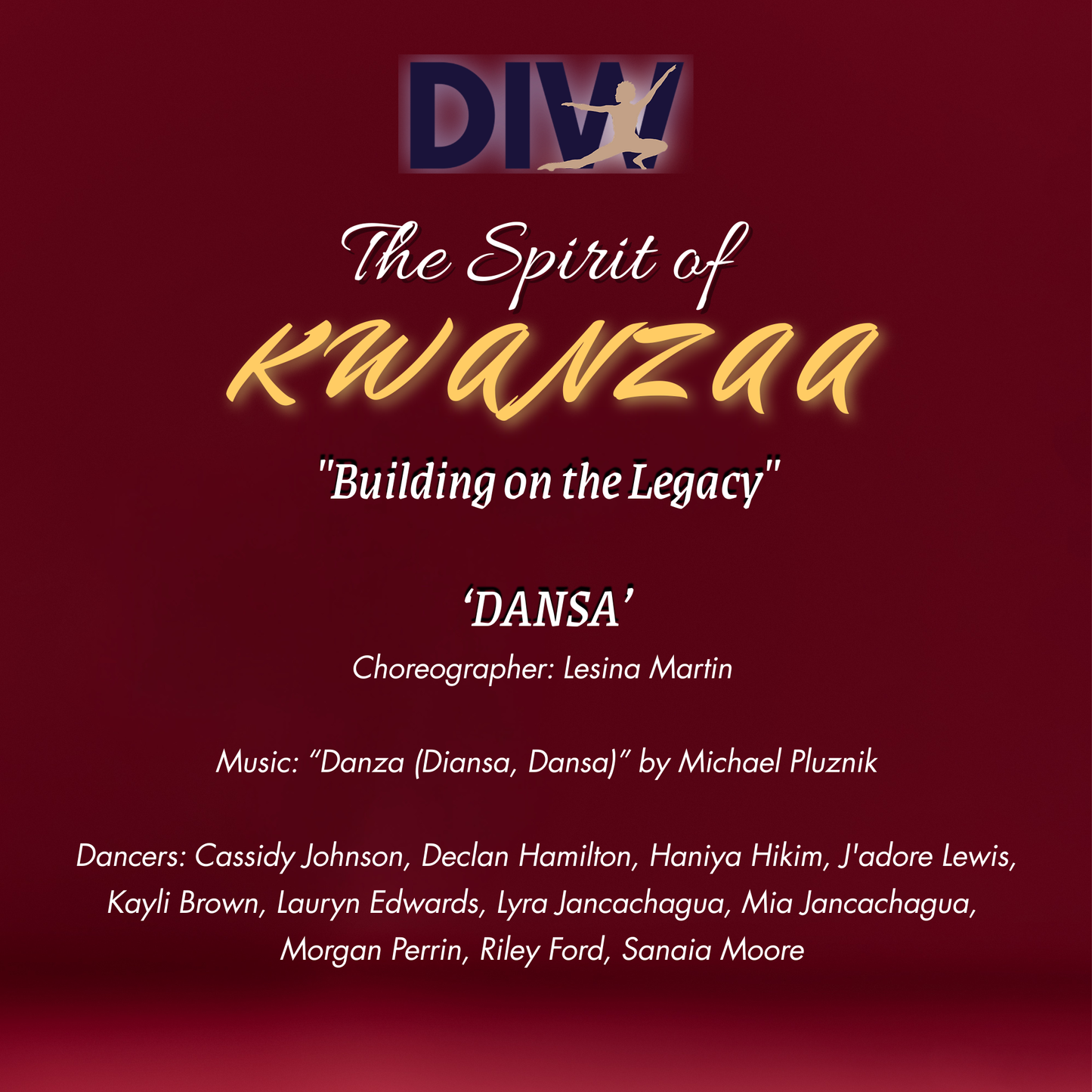 Promotional poster for 'The Spirit of Kwanzaa: Building on the Legacy' featuring choreographer Lesina Martin and dancers.