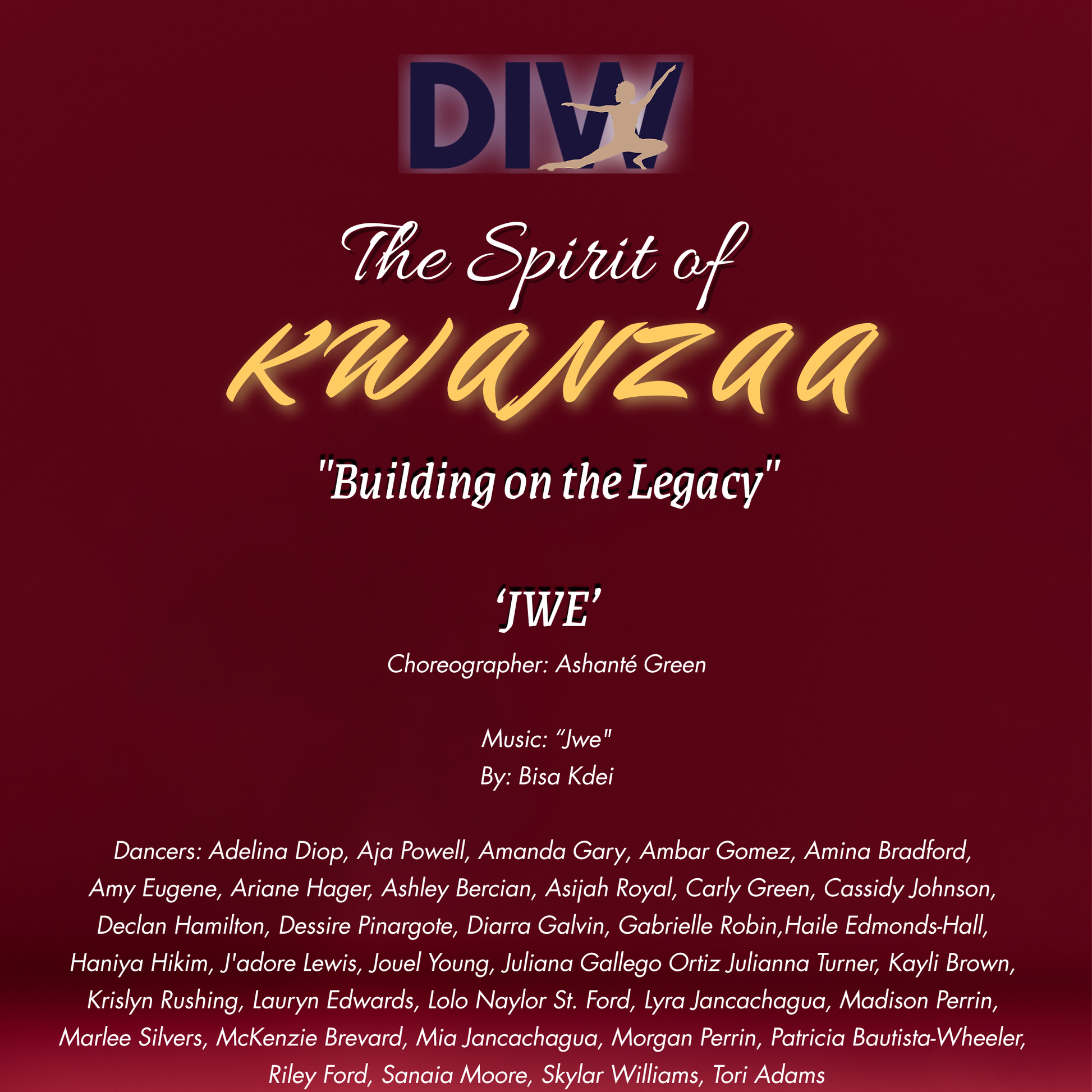 Promotional poster for 'The Spirit of Kwanzaa: Building on the Legacy' with choreographer Ashante Green and music by Bisa Kdei.