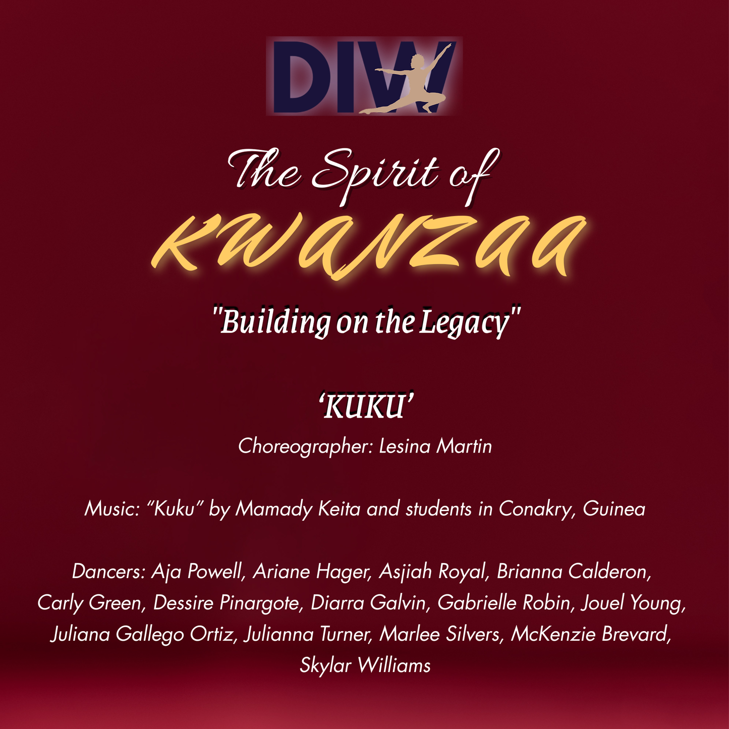 Promotional poster for 'The Spirit of Kwanzaa: Building on the Legacy' with event details and choreographer's name.