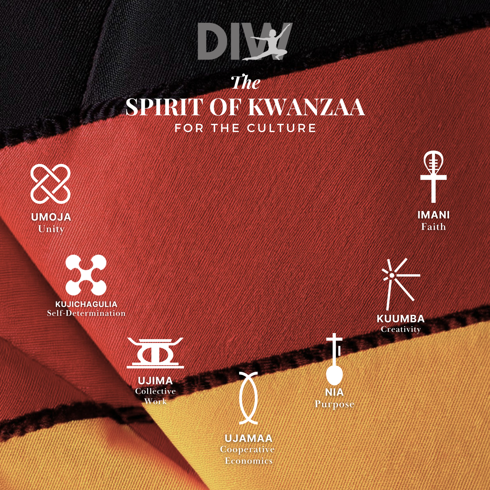 Kwanzaa principles displayed on a red and orange fabric background with 'DIV' logo.