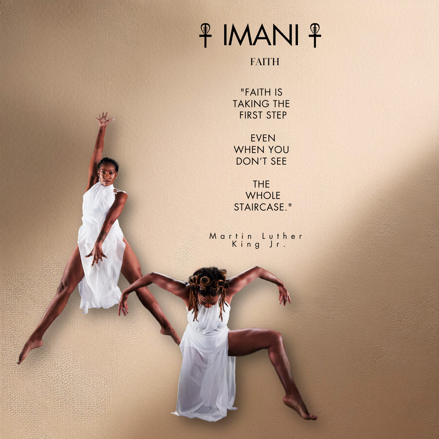Two women in white dresses on a beige background with 'IMANI' branding and a quote by Martin Luther King Jr.