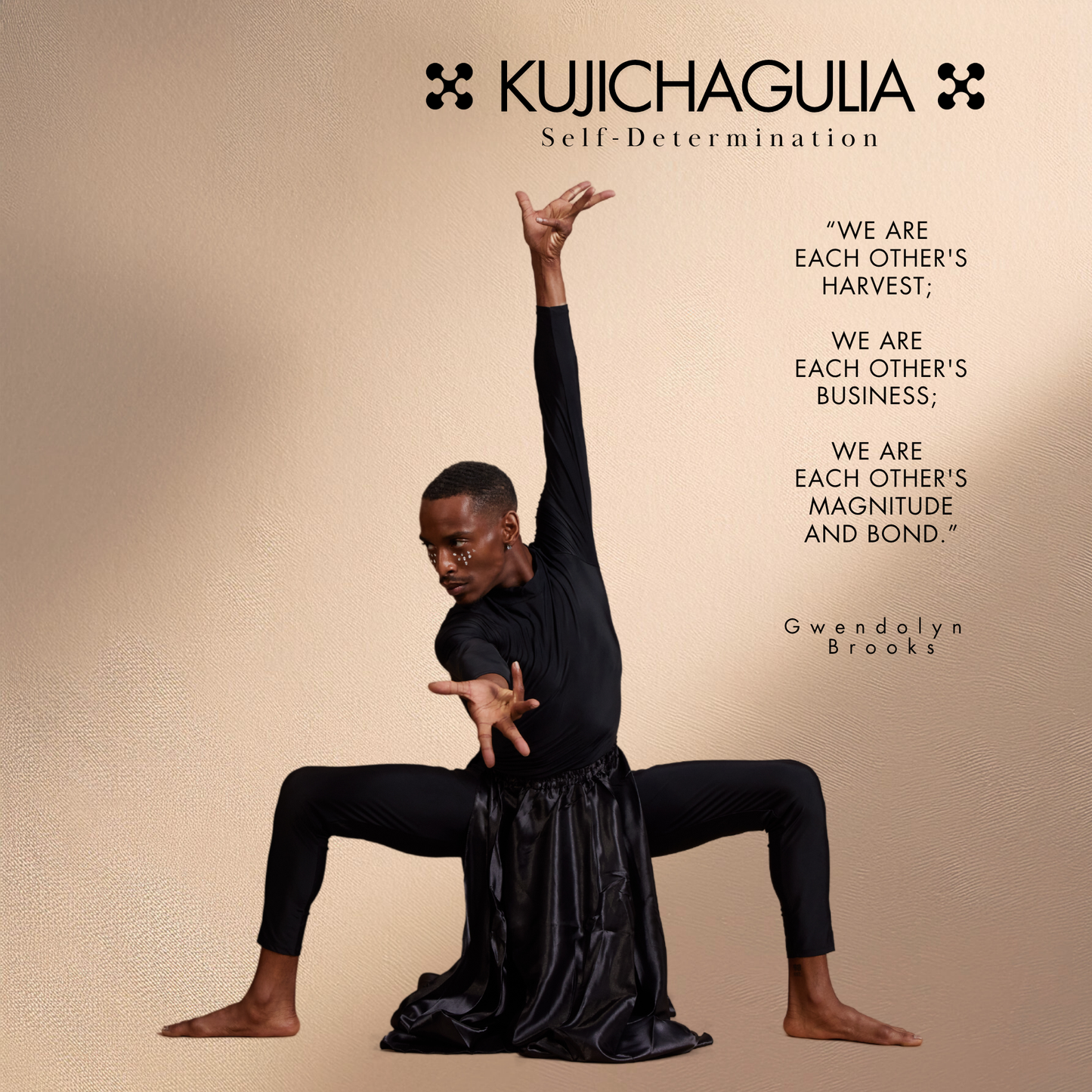 Person in black outfit performing a pose with text and quote on a beige background