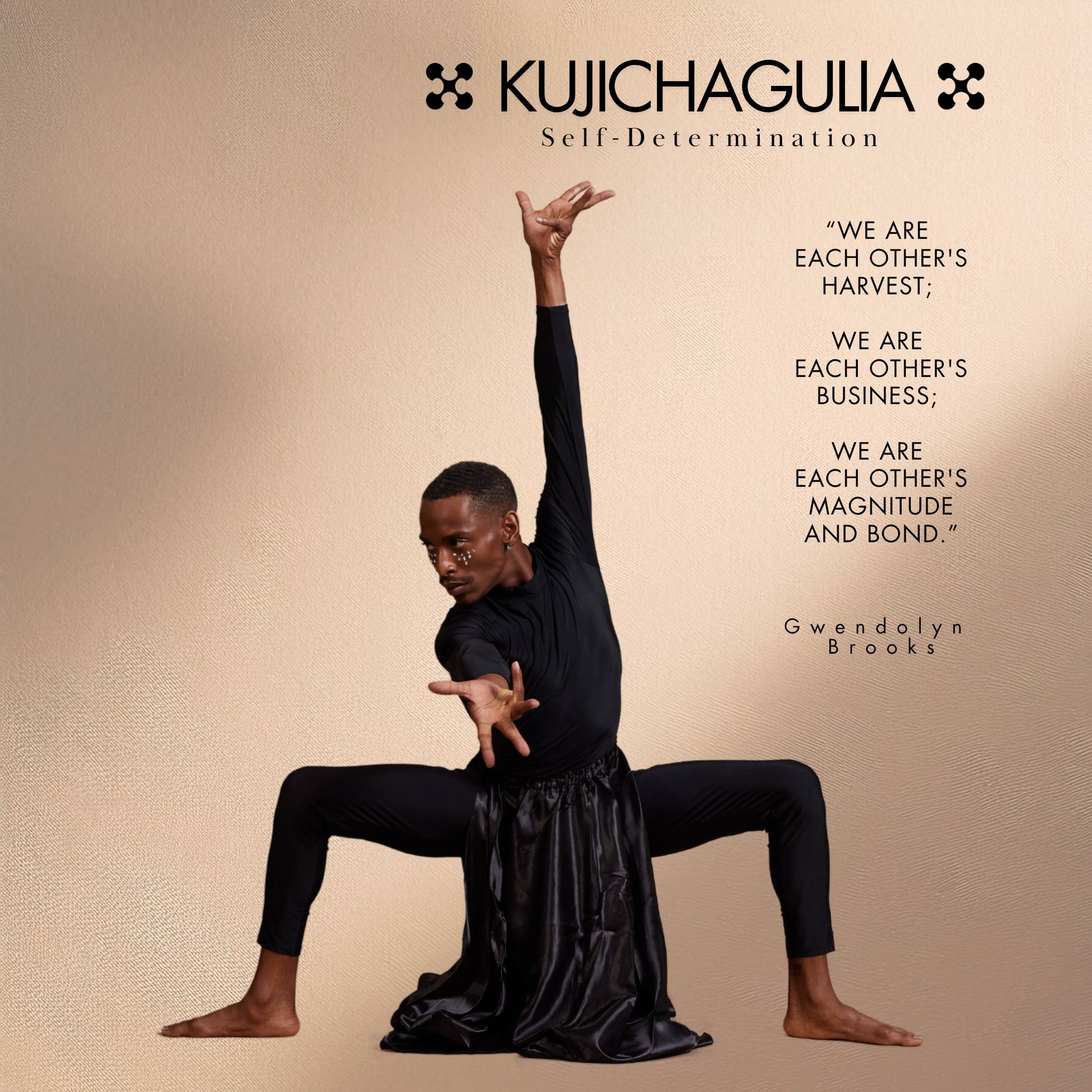 Person in black outfit performing a pose with text and quote on a beige background