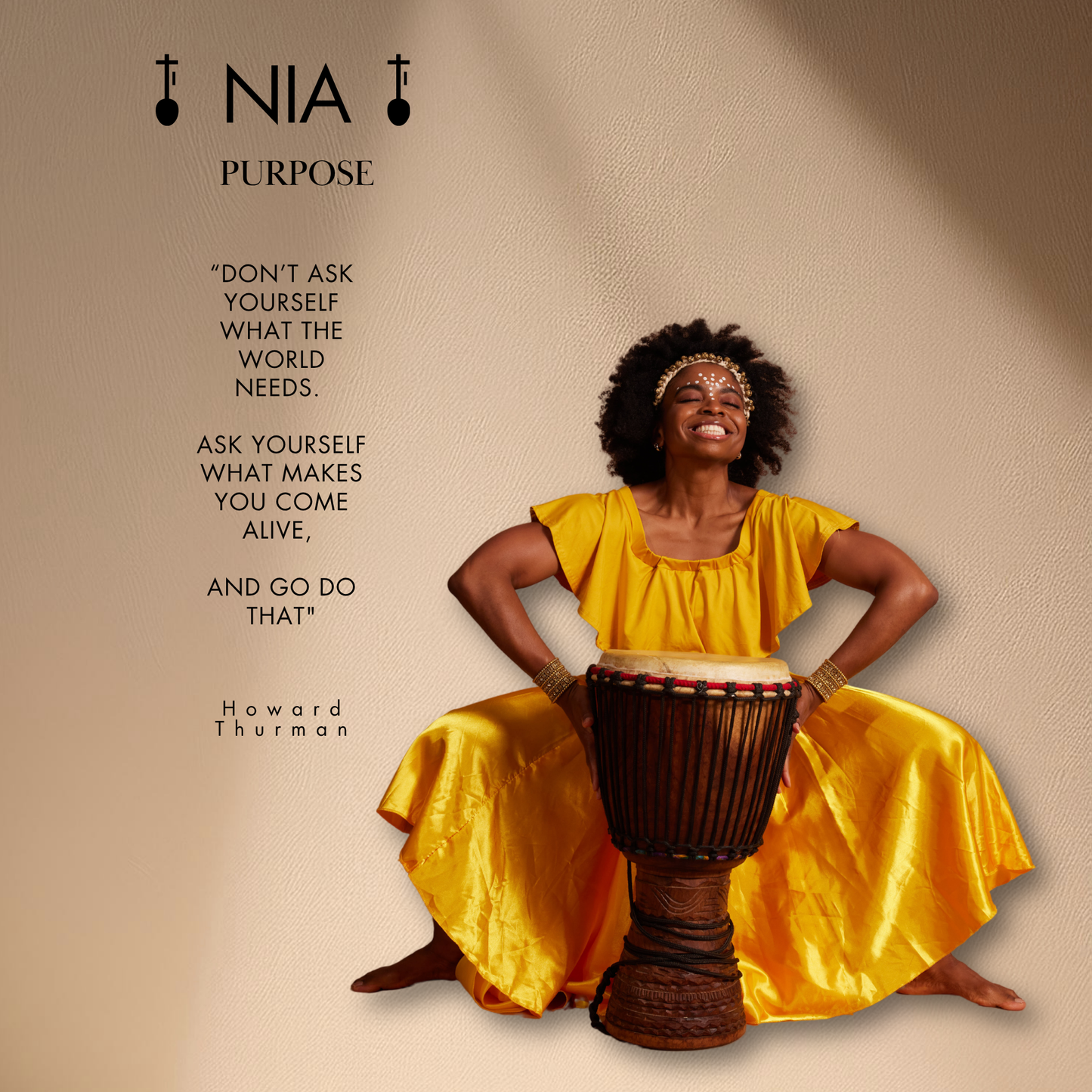 Woman in yellow dress on a beige background with Nia purpose branding.