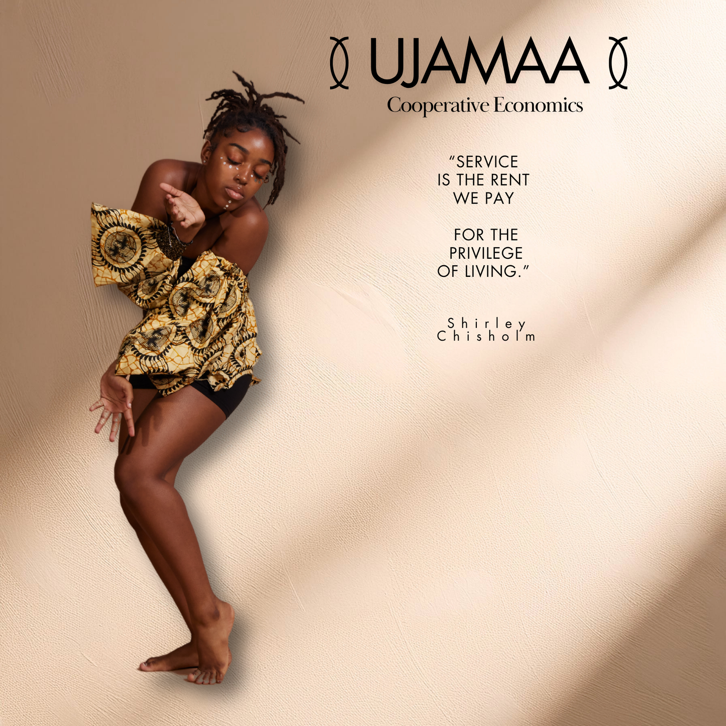 Woman in patterned top and shorts on a beige background with Ujamaa Cooperative Economics branding.