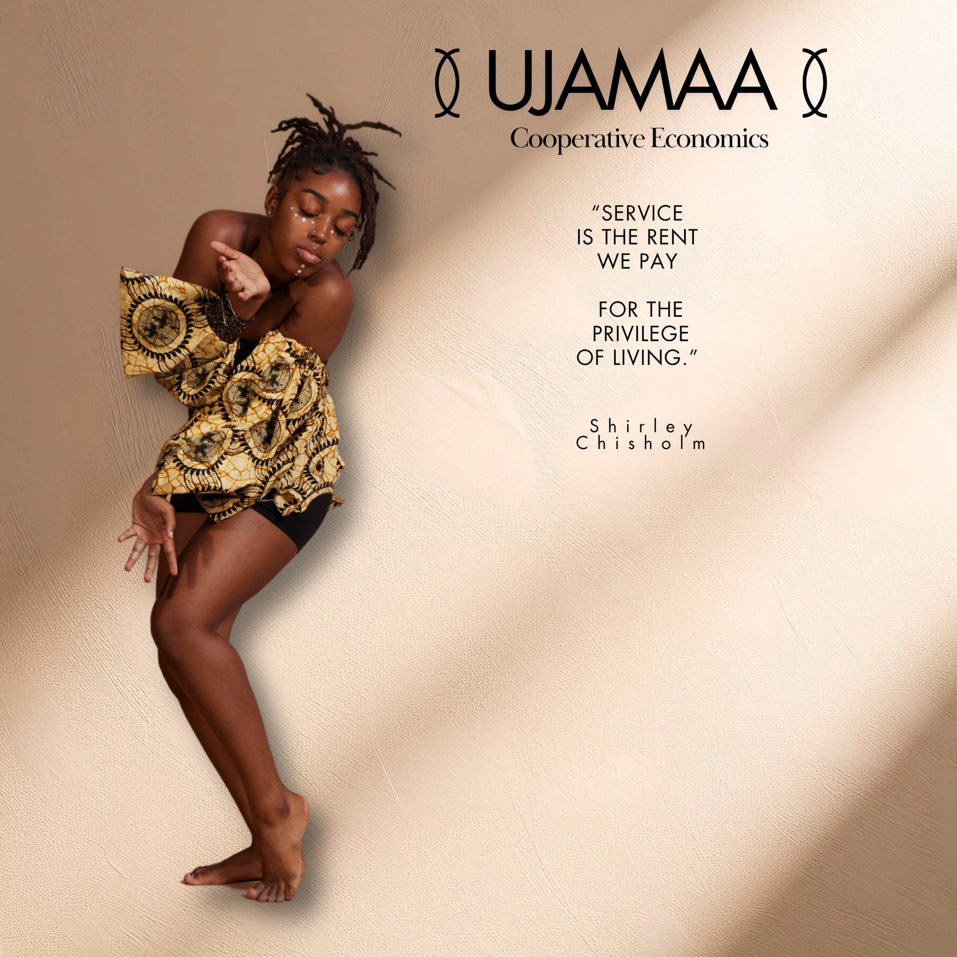 Woman in patterned top and shorts on a beige background with Ujamaa Cooperative Economics branding.