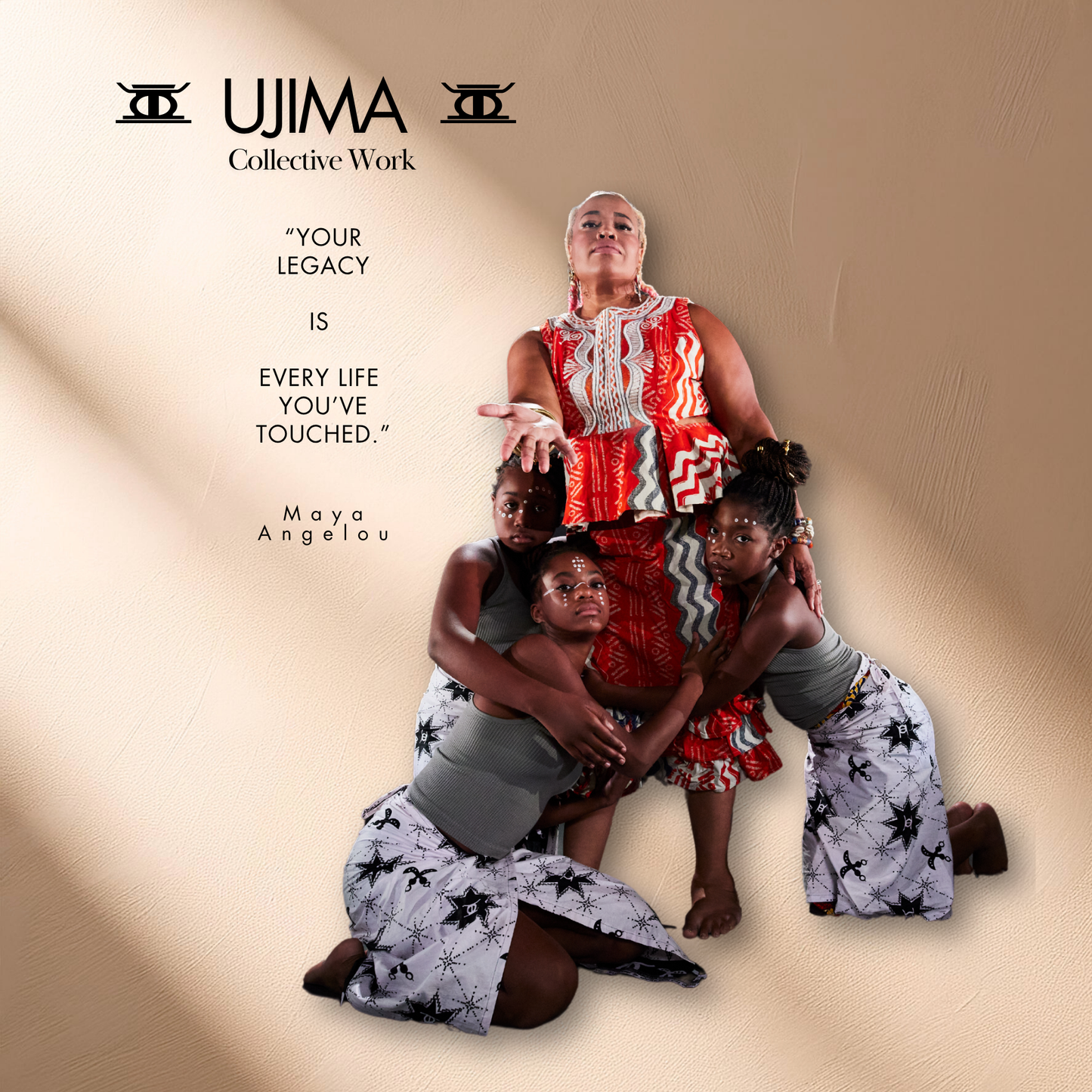 Ujima Collective Work with a woman and children in traditional attire on a beige background.