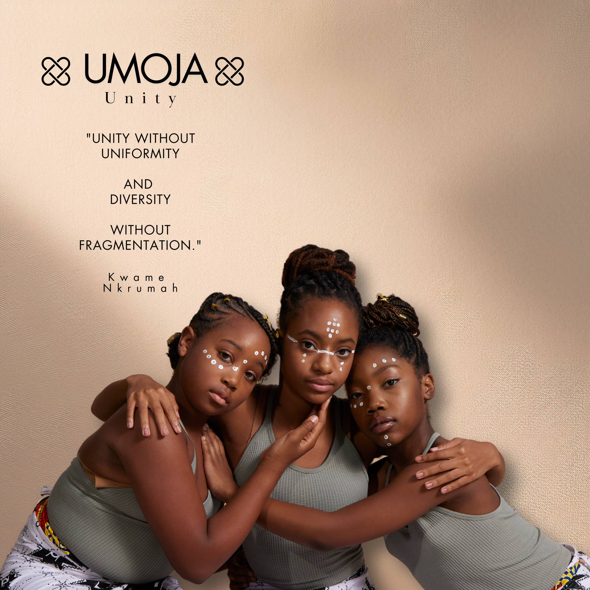 Three women hugging with 'UMOJA' logo and text on a beige background