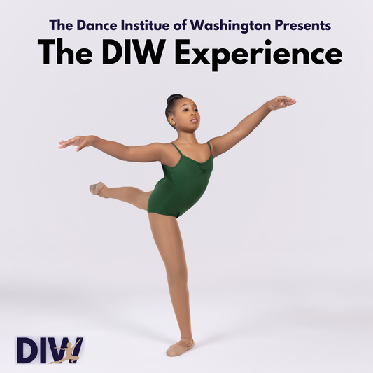 Girl is green leotard in a ballet pose with the DIW Experience and DIW branding.